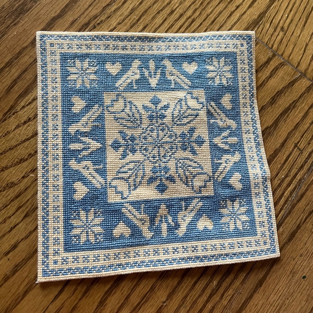 Finished cross-stitch picture blue/ivory birds, flowers, hearts